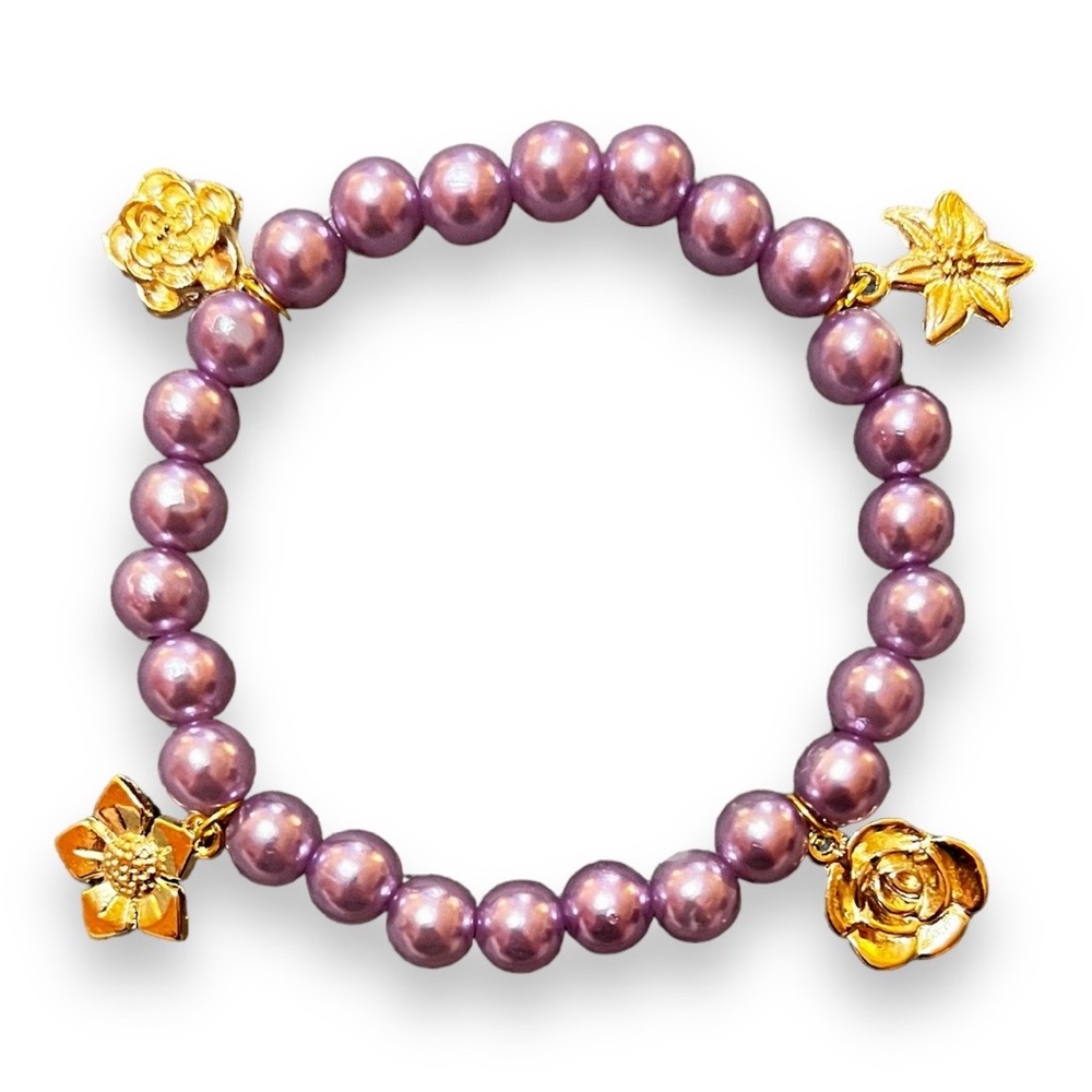 Lavender Purple beaded 4 Flower Charm Bracelet - Picture 4 of 5